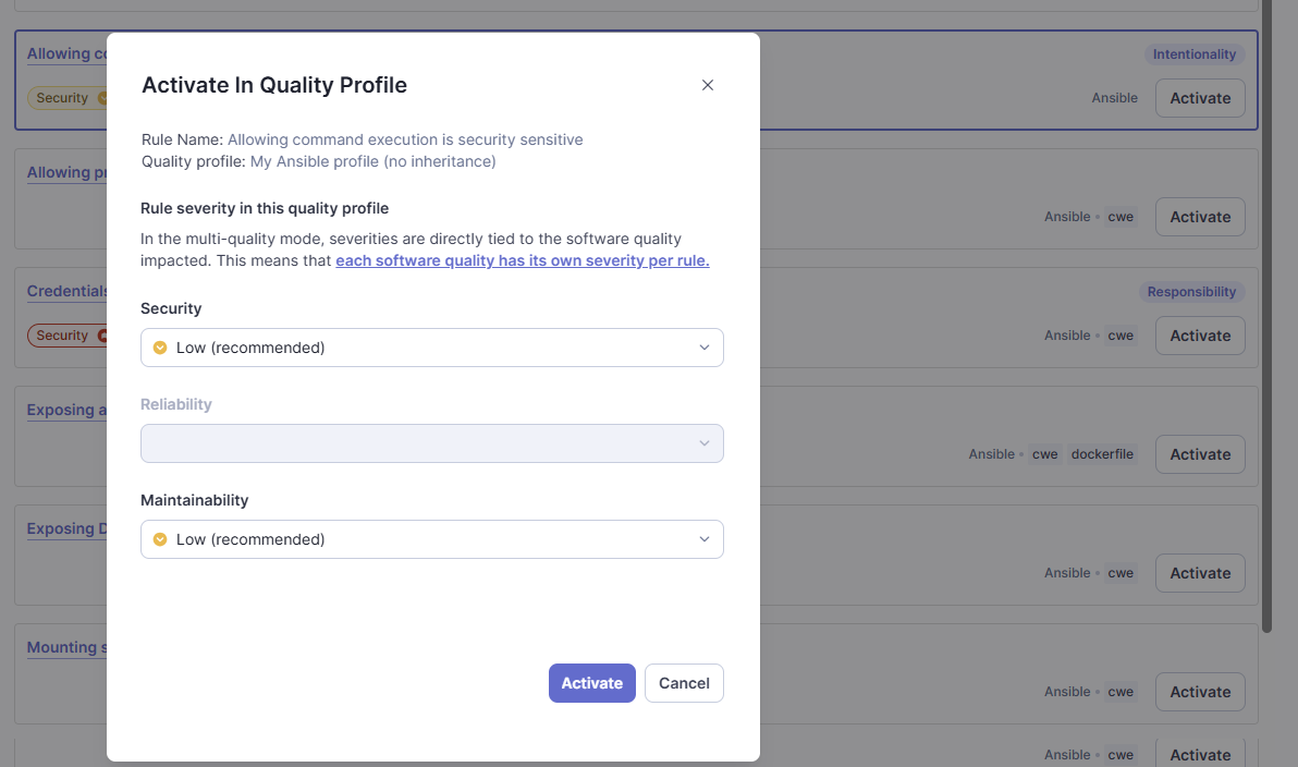 To add a rule to your quality profile in SonarQube, select Activate from any rule in your list of Inactive rule rules.