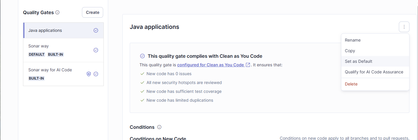 Any quality gate can be selected as your DEFAULT quality gate in SonarQube Community Build. Simply navigate to the three-dot menu of your quality gate and select Set as Default.