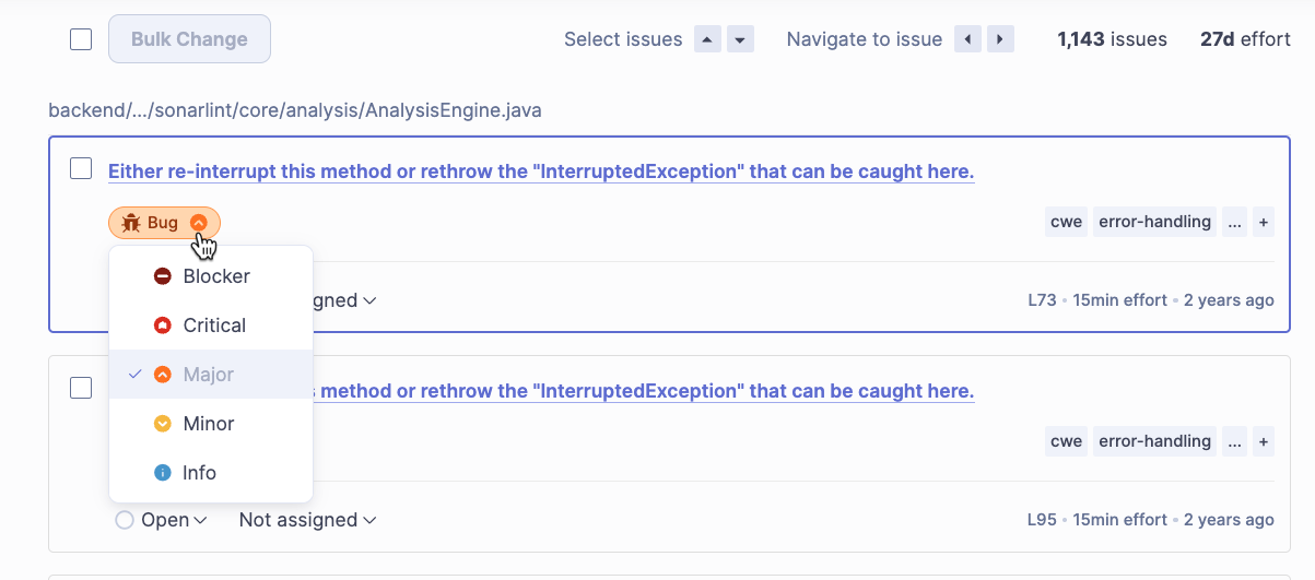 Changing the severity level of an issue