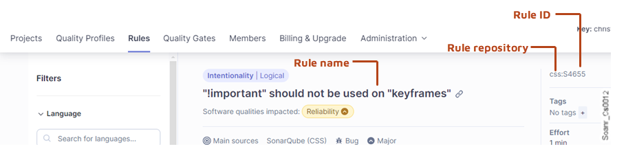 Identifying the repository name and key of rule